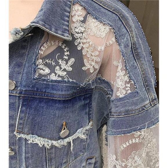 Floral Embroidered Lace Denim Jacket Distressed Light Wash Denim Jean Jacket - Picture 6 of 9